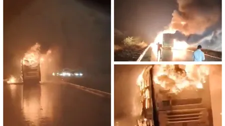 Autobuz în flăcări după accident. Cel puțin 20 de persoane au murit