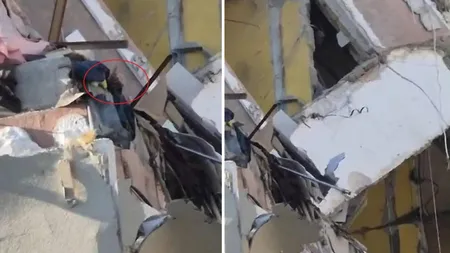 Imagini tulburătoare de la explozia din Rahova. Un bărbat prins sub dărâmături, la etajul 5, face cu mâna după ajutor. Blocul este în pericol să se prăbușească