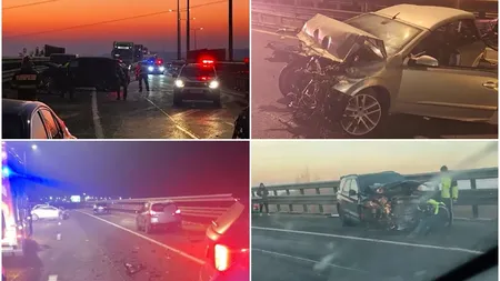 Patru mașini s-au ciocnit pe autostrada București-Pitești! Au fost răniți patru oameni, circulația este oprită