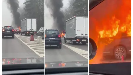 O mașină a luat foc în mers, pe DN1. Traficul spre București a fost blocat