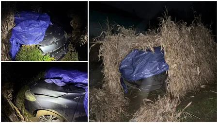 FOTO IREAL! Un moldovean beat din Botoșani a omorât cu mașina un biciclist, apoi a fugit acasă și și-a ascuns mașina în capița de coceni de porumb!