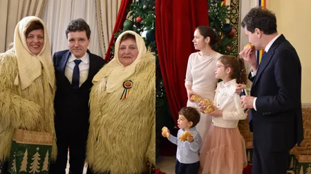 Nicușor Dan a primit colindători la Palatul Cotroceni, alături de Prima Doamnă și cei doi copii. Președintele a gustat colăcei în timp ce asculta cântecele tradiționale GALERIE FOTO