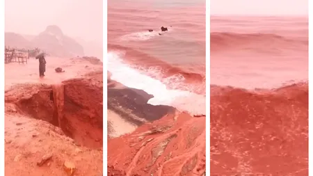 Fenomen spectaculos și rar pe ”Insula Curcubeu” din Golful Persic. De ce apa mării și țărmul au fost colorate în roșu în urma ploilor abundente. Imagini spectaculoase
