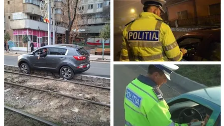 Tâgâdâm, pâş-pâş! Şofer rupt de beat în Bucureşti, imagini de cascadorii râsului cu maşina blocată pe şinele de tramvai: 