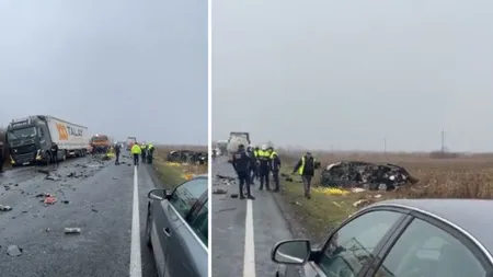 Accident cu șapte morți pe DN6, în Timiș. Un microbuz, un TIR, o autocisternă și o mașină s-au ciocnit