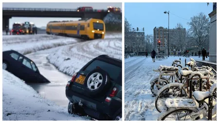 VIDEO Vremea rea paralizează Europa. Zboruri și trenuri anulate, ambuteiaje uriașe, școli închise, viscol de peste 120 km/h! Parisul s-a transformat în derdeluș!