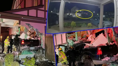 Accident spectaculos! O camionetă a zburat 30 de metri și a fost proiectată într-o casă în care se afla o familie cu trei copii