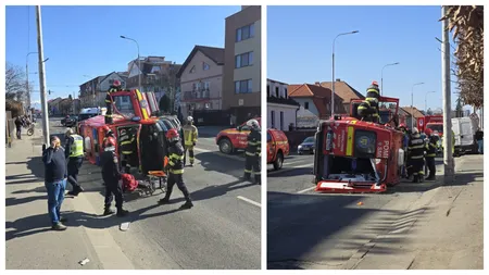 Accident grav în Sibiu! Șapte persoane au ajuns la spital după ce o ambulanță ciocnită de o altă mașină s-a răsturnat! A fost activat Planul Roșu de intervenție