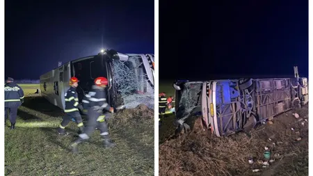 Accident grav în Galați. Un autocar cu zeci de pasageri s-a răsturnat, iar o persoană a fost strivită. A fost activat PLANUL ROȘU de intervenție