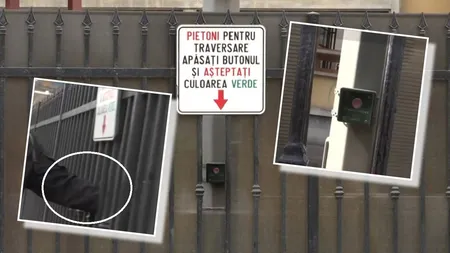 Semafor buclucaș în Brașov. Cei care vor să traverseze strada trebuie să dibuiască butonul de schimbare a culorii, bine ascuns după un gard