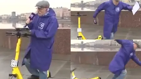 Un prezentator al rubricii meteo a căzut de pe trotinetă chiar în timpul unei transmisiuni live. Bărbatul s-a prăbușit pe caldarâm. VIDEO