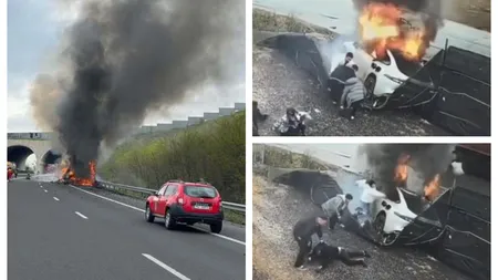 Val de accidente în România. O maşină electrică a luat foc după un derapaj. Imagini dramatice cu salavarea pasagerilor VIDEO