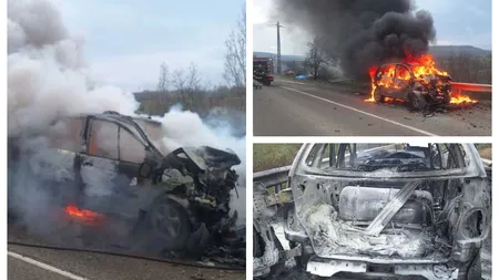 Accident grav în Vinerea Mare. O mașină a luat foc în urma impactului, două persoane au fost rănite