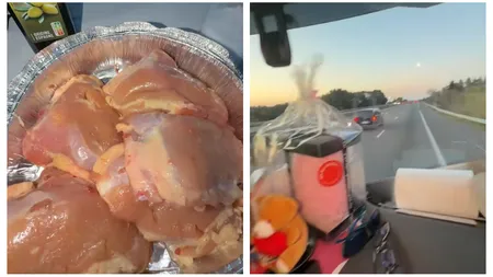 Imagini virale cu iubita unui șofer român de TIR care gătește pui cu mujdei în timp ce partenerul ei conduce: 