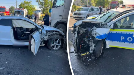 Urmărire ca în filme pe străzile din Craiova. Un polițist a fost rănit după ce șoferul fugar a intrat cu mașina în autospecială