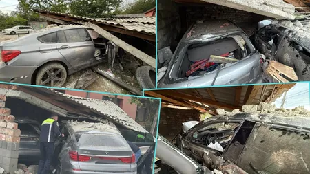 FOTO Impact devastator! Au spulberat un gard și s-au oprit direct într-un garaj cu autoturismul. Bilanțul victimelor