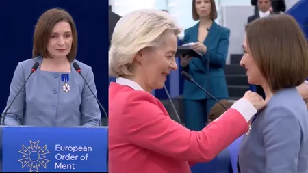 Maia Sandu, aplaudată în picioare de întreg plenul Parlamentului European. A fost decorată cu Ordinul European de Merit