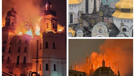 Atac aerian masiv cu rachete şi drone asupra Kievului. Mănăstirea Lavra Pecersk şi un bloc-turn de locuinţe au luat foc