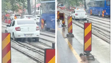 Viralul zilei: Cascadorii râsului în Bucureşti, un şofer a rămas împotmolit cu Loganul în beton pe linia de tramvai VIDEO