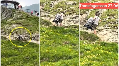VIDEO Tătic viral după ce și-a cărat bebelușul, cu tot cu căruț, prin hârtoapele de la Transfăgărășan! ”Ăsta ar fi al meu dacă am merge pe munte!”