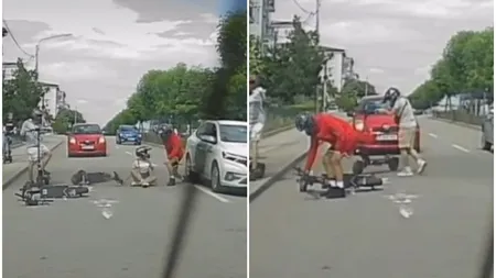 Imagini șocante în trafic. Un adolescent pe trotinetă, la un pas de tragedie sub roțile unei mașini