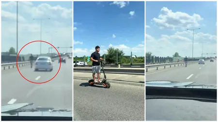 Tânăr filmat în timp ce „gonea” cu trotineta pe banda a treia de pe Autostrada A3, în pantaloni scurți și fără cască