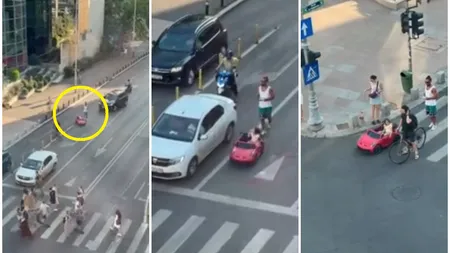 Bărbatul care și-a lăsat copilul să circule într-o mașină de jucărie printre mașinile de pe Calea Victoriei a fost identificat și amendat