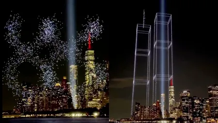 Moment emoționant la New York. Turnurile Gemene au fost recreate cu drone iluminate, la 25 de ani de la atentatele de la 11 septembrie