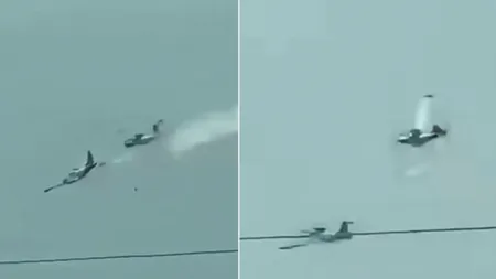 Patru piloți au murit după ce două avioane militare s-au ciocnit violent în zbor. Imaginile surprinse de martori arată momentul în care aeronavele se prăbușesc