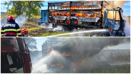Un autocamion cu stupi a luat foc, în județul Argeș. Autovehiculul a ars în întregime