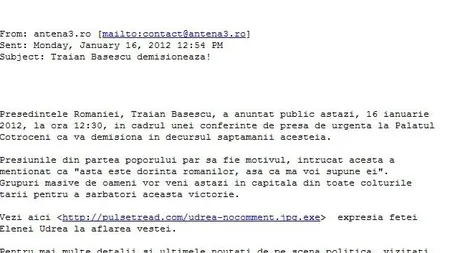 Antena 3 se dezice de aparitia pe Internet a unui anunt fals privind demisia lui Basescu (Video)