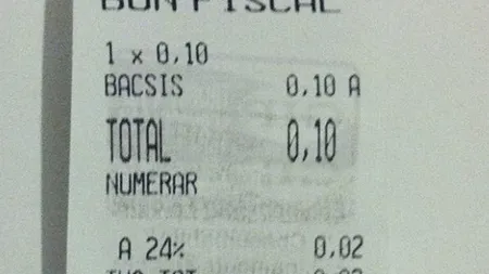 Bon fiscal pentru bacsis de 10 bani, cu TVA de 0,02 lei: Am crezut ca e o gluma