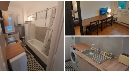 EXCLUSIV Bătaie de joc pe față! Prețul ridicol pentru care se închiriază o garsonieră cu cada în bucătărie, în inima Capitalei. WC-ul este amplasat lângă frigider