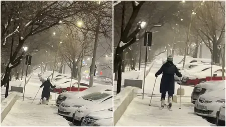 O femeie din București, surprinsă în timp ce schia pe un trotuar. Imaginile au devenit virale pe rețelele de socializare. VIDEO