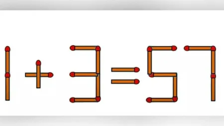 1 + 3 = 57 este greșit. Mută un singur băț de chibrit pentru a corecta ecuația