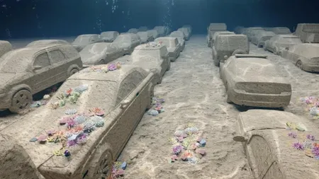 Un artist vrea să pună zeci de mașini din beton pe fundul oceanului, care să devină recife de corali. Cum arată instalația