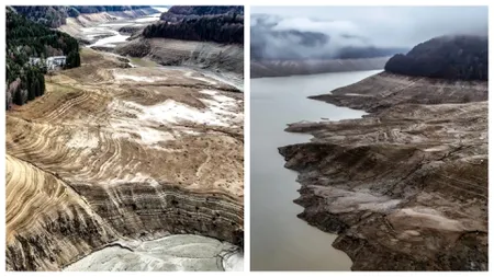 Barajul Vidraru va fi golit complet prima dată în ultimii 50 ani. Imagini uluitoare după ce nivelul apei a scăzut cu peste 100 de metri FOTO