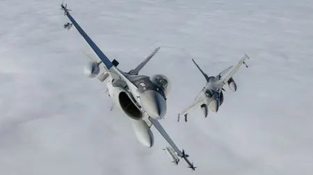 Exercițiu demonstrativ cu avioane F-16 la Baza 86 Aeriană Borcea. Forțele Aeriene simulează o misiune de Poliție Aeriană