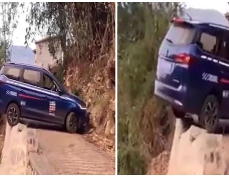 Momentul terifiant în care o mașină atârnă de marginea unei prăpăstii la limita dintre viață și moarte: „Mi-am ținut respirația vizionând asta” VIDEO