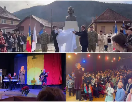 Bustul poetului naţional Mihai Eminescu, dezvelit la Covasna în ajunul Zilei Naţionale a României. Fuego, invitat în secuime să cânte în cadrul unui spectacol patriotic
