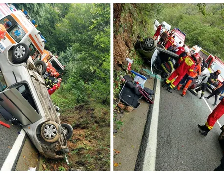 Accident grav pe Defileul Jiului. Sunt cinci victime, unul dintre autoturisme s-a răsturnat