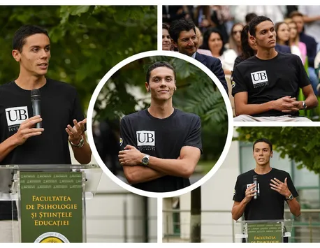 Imagini cu David Popovici în prima zi de facultate. Super-campionul a ținut un discurs în fața profesorilor și studenților de la Facultatea de Psihologie: „Sper să fiu un student cât mai normal”
