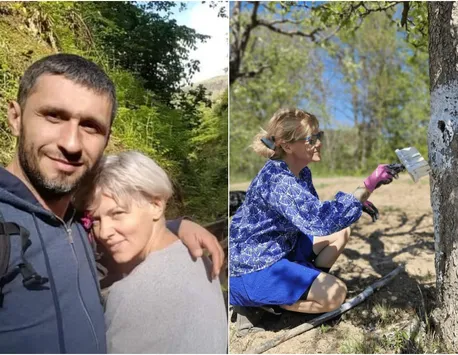 Dana Nălbaru și Dragoș Bucur muncesc pe brânci în livada proprie, alături de copiii lor. ”Curând aici vor fi legume”
