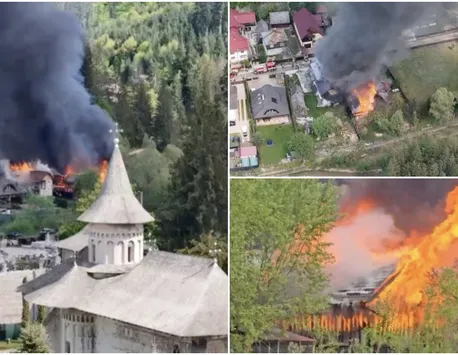Incendiu puternic lângă Mănăstirea Voroneţ. Două case ard din temelii. Din cauza vântului puternic, există riscul de extindere