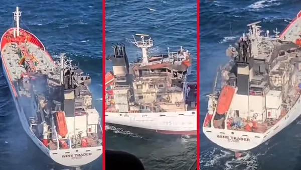 Primele imagini cu nava care a luat foc în Marea Neagră, în apropiere de Sulina, după ce în zonă au fost semnalate drone. M.A.I. a trimis elicoptere Black Hawk să-i salveze pe marinari