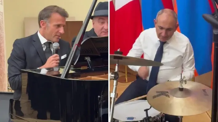 Macron a cântat melodia ”La Boheme” acompaniat la tobe de premierul armean Pașinian
