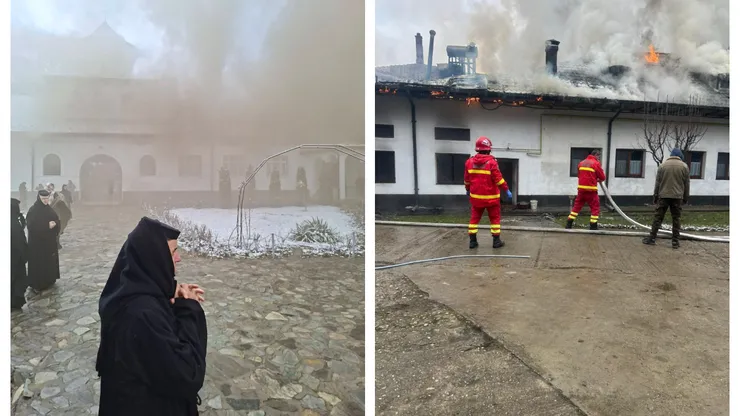 Incendiu puternic la o mănăstire din Gorj în timpul slujbei. Pompierii au intervenit de urgență