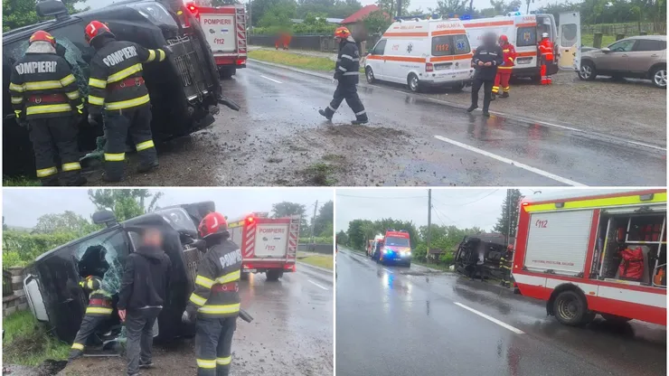 Microbuz cu 8 pasageri răsturnat în județul Suceava. Accidentul s-a produs după ce șoferul microbuzului a încercat să depășească un TIR
