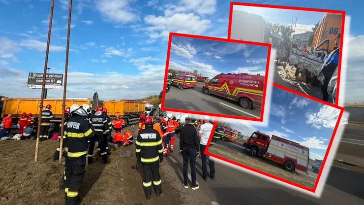 Accident grav lângă București. Două persoane au murit în urma impactului dintre un microbuz și o autobasculantă