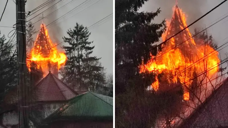 VIDEO Biserică din Bacău, cuprinsă de flăcări chiar de Sfântul Andrei! Pompierii luptă să salveze lăcașul de cult